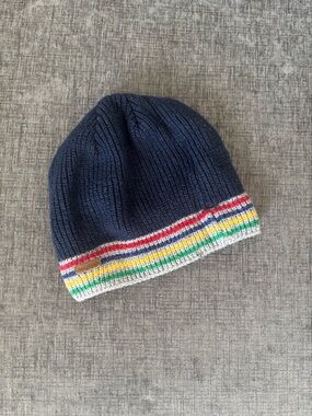 Mayoral Navy Knit Hat with Multicolor Stripe Trim